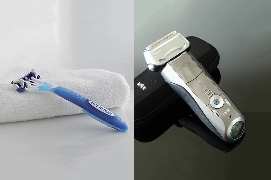 A Schick Hydro traditional razor and a Braun Series 7 electric razor