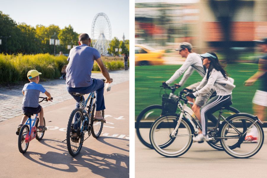 Split picture of family riding traditional bike and family riding electric bikes