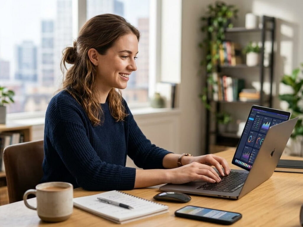 a woman using AI on her laptop