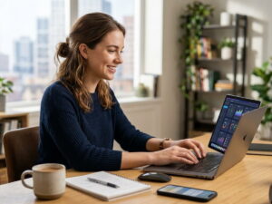 a woman using AI on her laptop