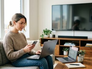 a woman using her smartphone and laptop in her living room