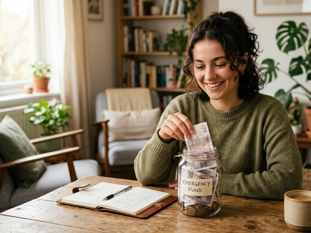 a woman saving money and putting it in a jar