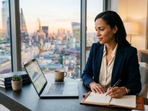 a high power finance worker in her downtown office