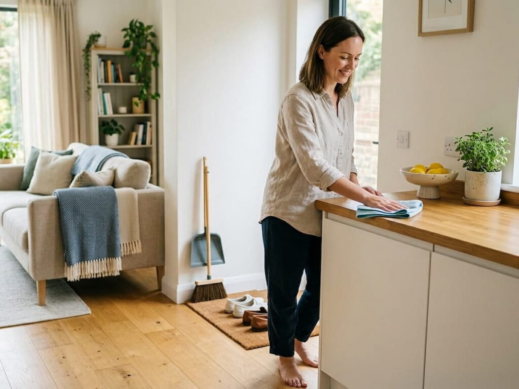 a woman wipes down her kitchen counter
