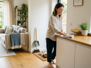 a woman wipes down her kitchen counter