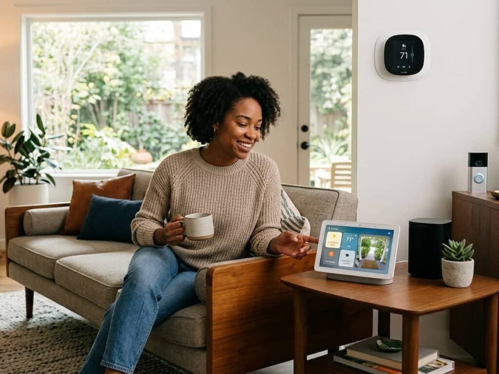 a woman using a smart home device in her living room