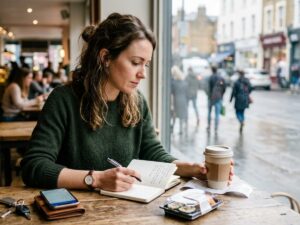 a woman calculating her expenses in a notebook while in a coffeeshop