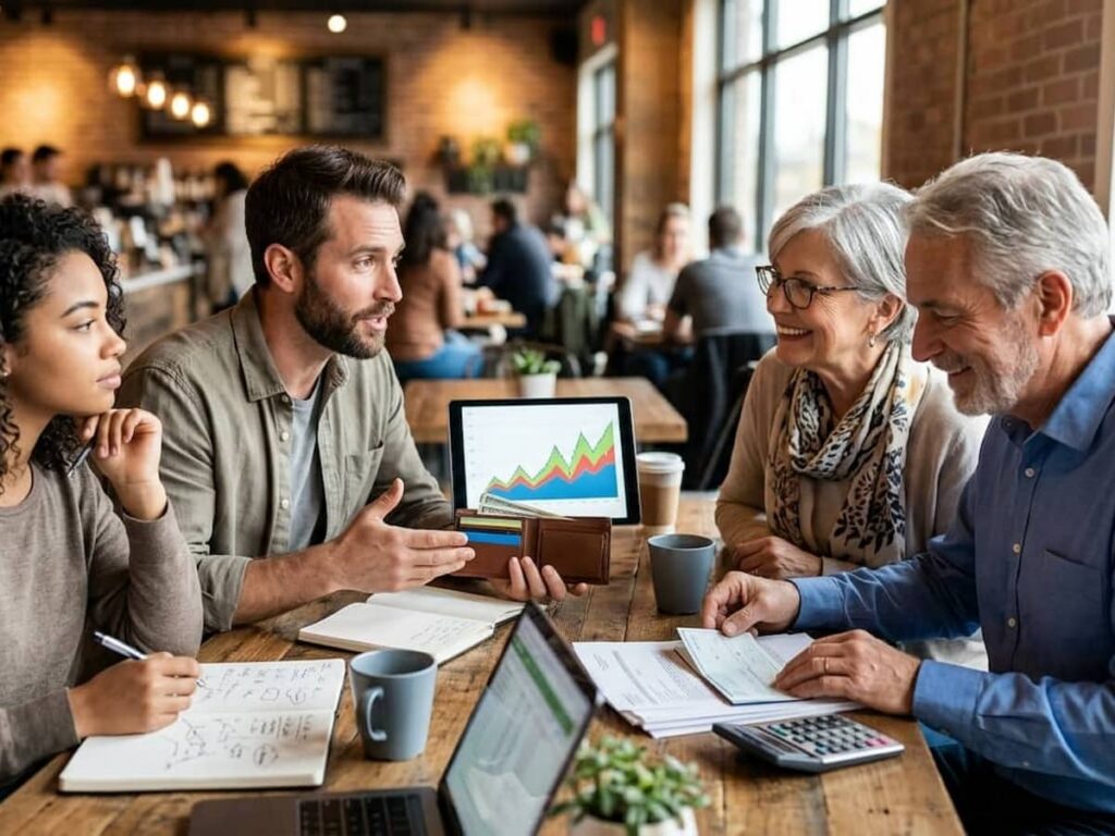 a group of people of varying ages discusses finances and money