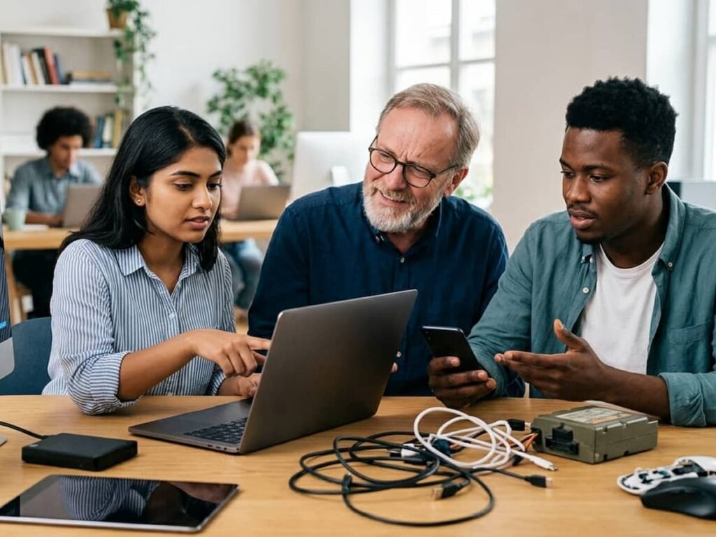 3 people crowd around a table fully of electronics like tablets and laptops
