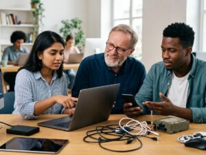 3 people crowd around a table fully of electronics like tablets and laptops