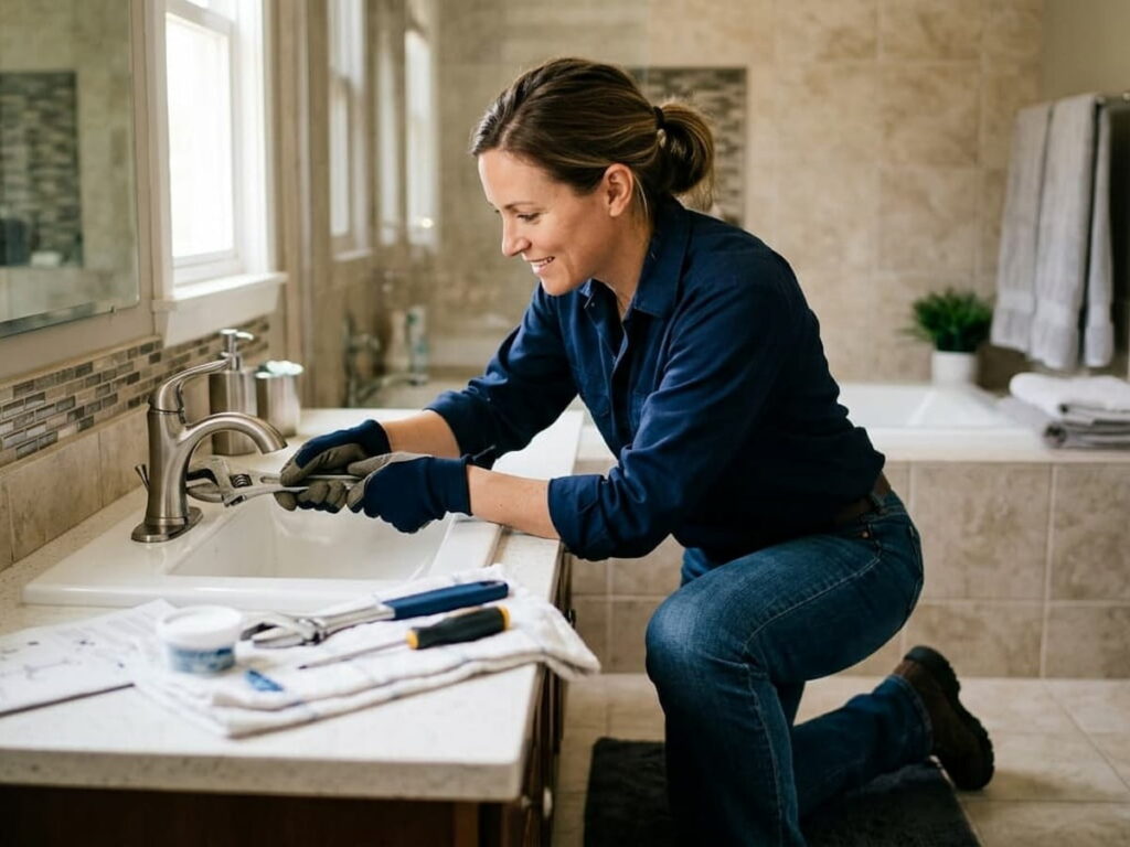 a homeowner fixing her own faucet