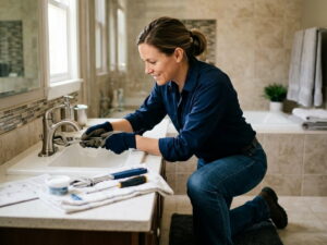 a homeowner fixing her own faucet